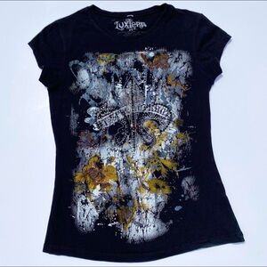 Y2K 2000s Luxiera Rhinestone paint splatter graphic print t-shirt Women's Medium